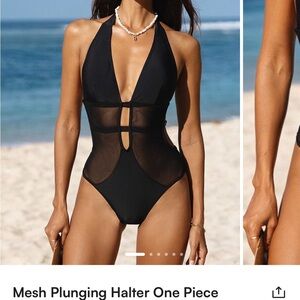 Black womens One-Piece Swimsuit with Mesh Cutouts